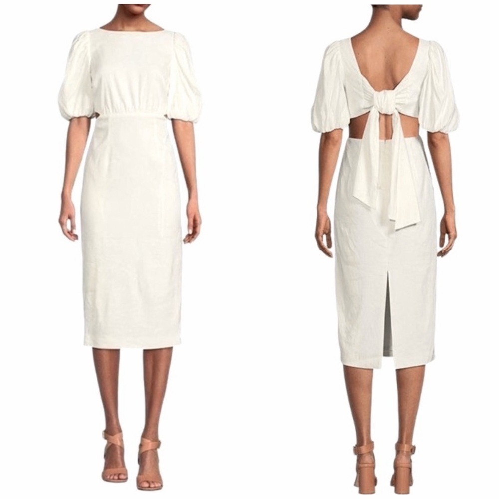 Antonio Melani Davanna Linen Boat Neck Puff Sleeve Tie Back Dress 0 Ivory
